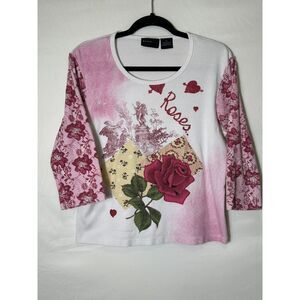 Aeroblu Women's 3/4 Sleeve Cotton Top Rose & Lace Pattern Embellished, Size XL